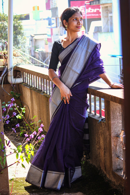 Voilet Sahitya Silver Jari Border Narayanpet Pure Cotton saree with Running blouse piece