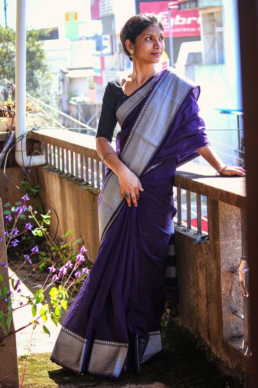 Voilet Sahitya Silver Jari Border Narayanpet Pure Cotton saree with Running blouse piece