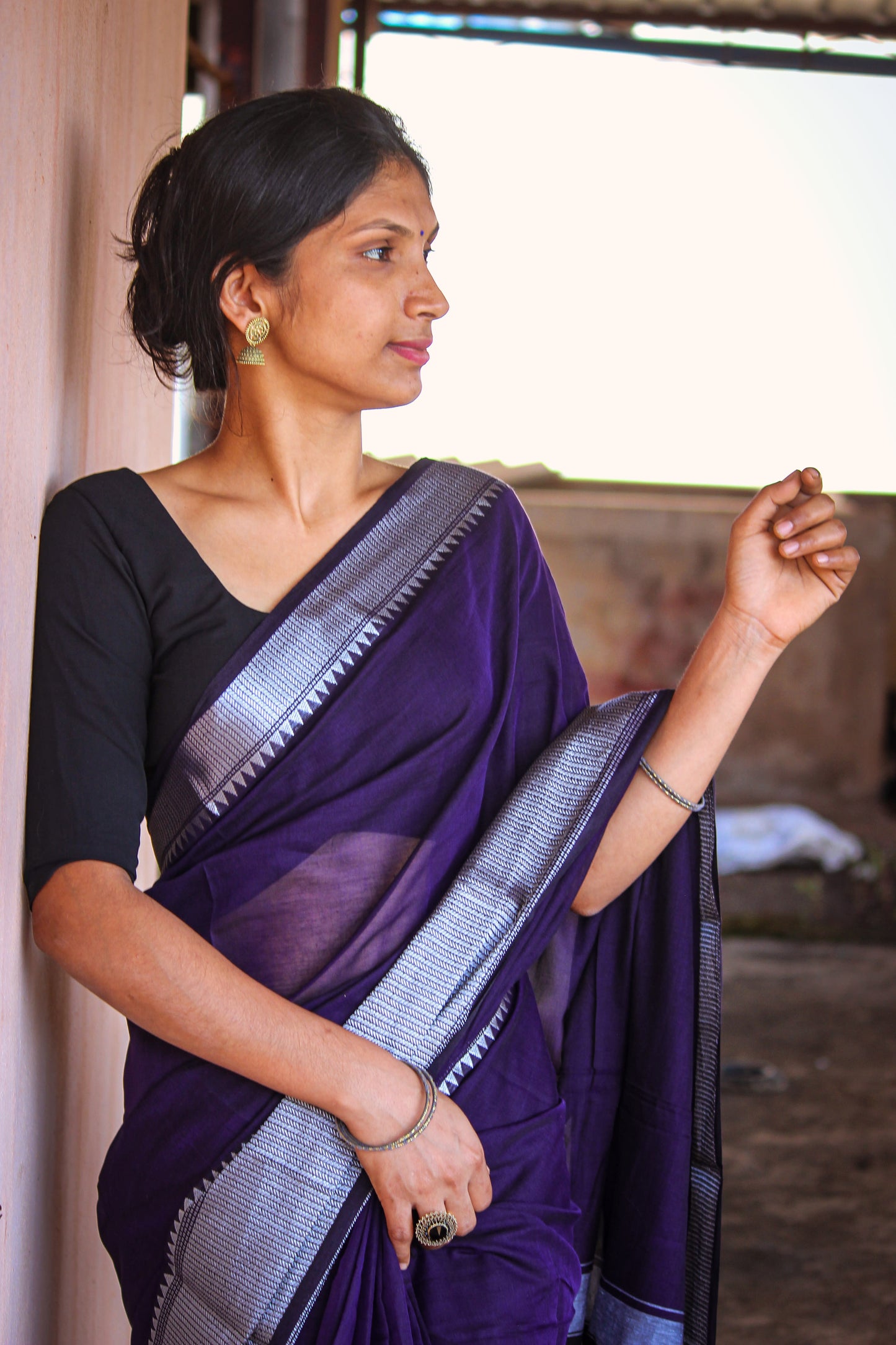 Voilet Sahitya Silver Jari Border Narayanpet Pure Cotton saree with Running blouse piece