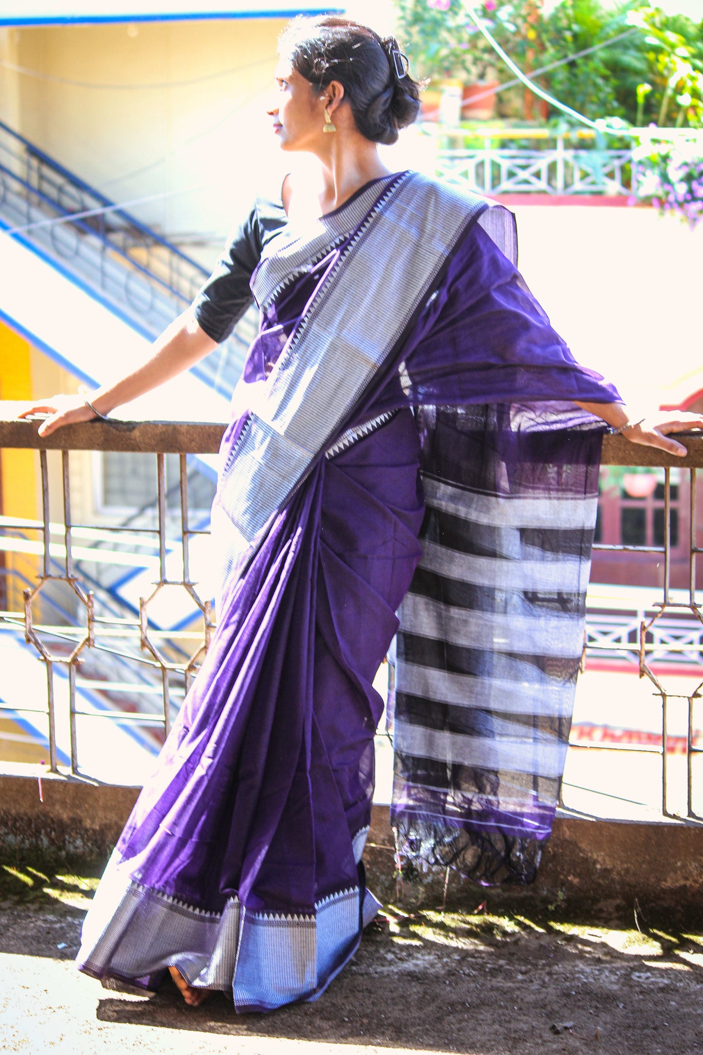 Voilet Sahitya Silver Jari Border Narayanpet Pure Cotton saree with Running blouse piece